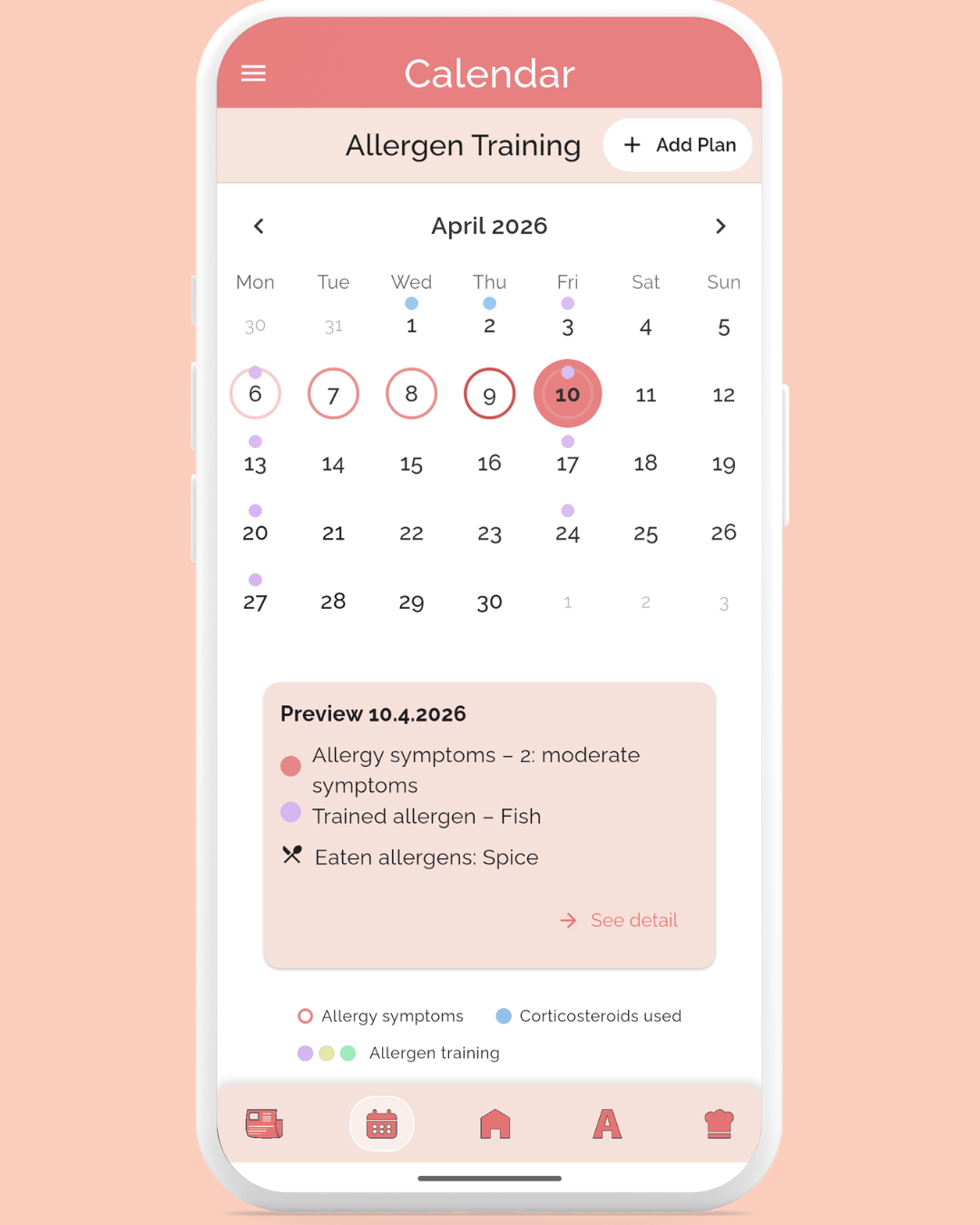 Symptom calendar in app